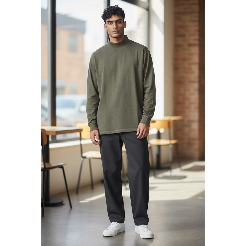 Lands' End Men XL Olive Green Super-T Mock Neck Long Sleeve Cotton Shirt Casual